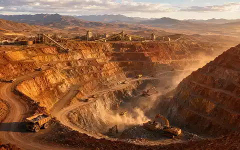 Anglo American plc GB00B1XZS820 zeigt einen riesigen Kupfer-Tagebau mit Baggern und Lastwagen im Abendlicht - Foto: THN