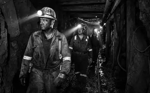 Anglo American plc GB00B1XZS820 dokumentiert Bergleute mit Helmlampen in einem dunklen Untertage-Tunnel schwarzweiß - Foto: THN