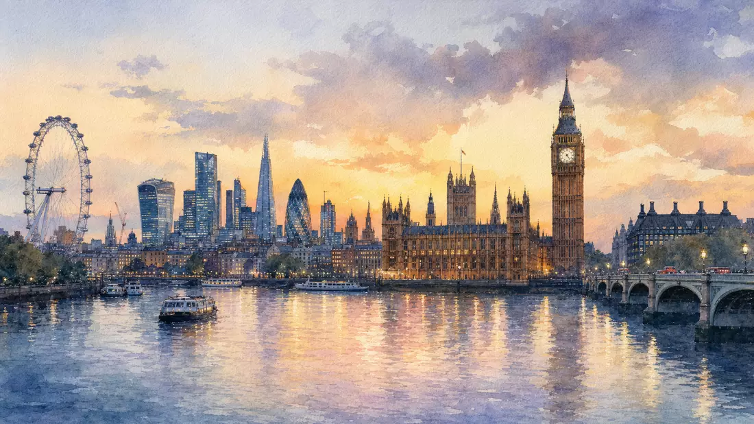 Aquarellmalerei der Londoner Skyline mit Themse und historischen Gebäuden bei Dämmerung