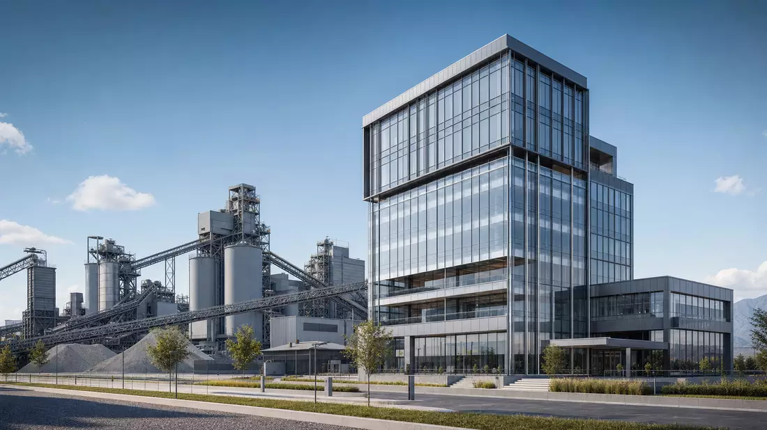 Architektur-Rendering eines gläsernen Bürogebäudes vor industrieller Verarbeitungsanlage bei Tageslicht