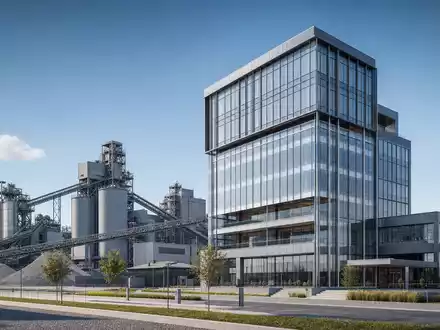 Anglo American plc GB00B1XZS820 zeigt ein modernes Glas-Bürohochhaus neben einer industriellen Mineralverarbeitungsanlage - Foto: THN