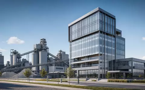 Anglo American plc GB00B1XZS820 zeigt ein modernes Glas-Bürohochhaus neben einer industriellen Mineralverarbeitungsanlage - Foto: THN