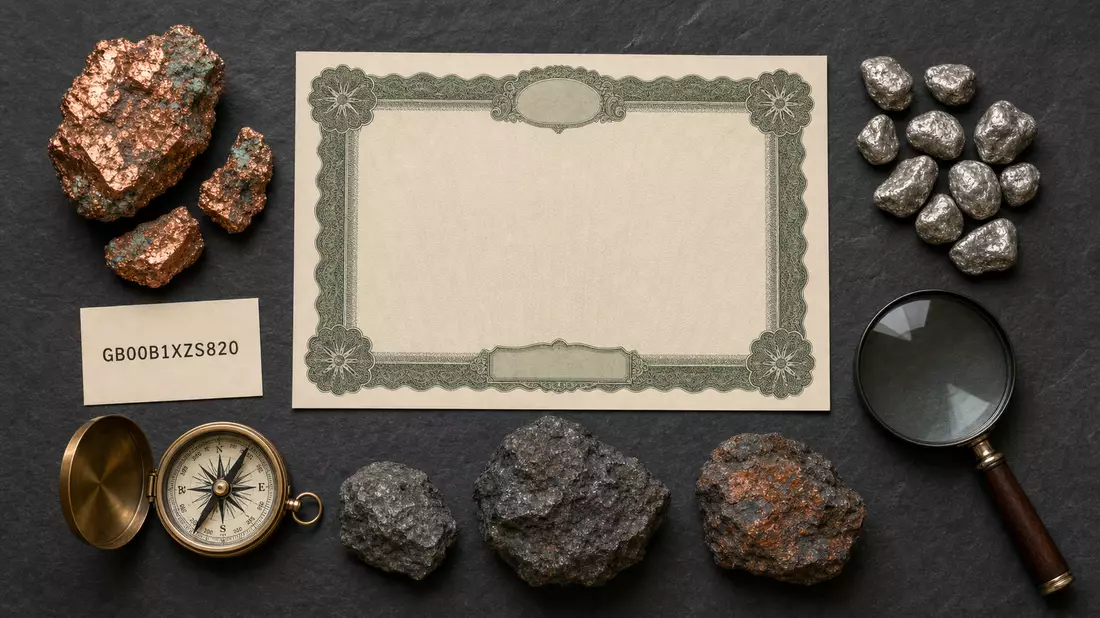 Flatlay mit Aktienzertifikat, Kärtchen GB00B1XZS820, Kupfer- und Platinerz sowie Kompass