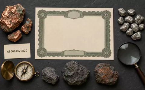 Anglo American plc GB00B1XZS820 präsentiert ein Flatlay mit Aktienzertifikat, ISIN-Karte und rohen Mineralproben - Foto: THN