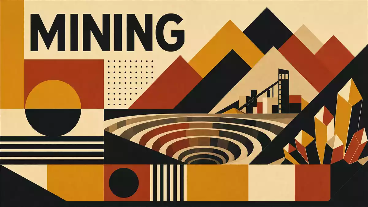 Bauhaus-Poster mit geometrischen Formen, Minenmotiv und großem Schriftzug MINING in Erdtönen