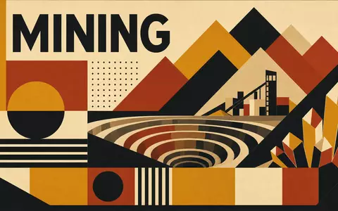 Anglo American plc GB00B1XZS820 erscheint als Bauhaus-Poster mit geometrischen Bergformen und dem Wort MINING - Foto: THN