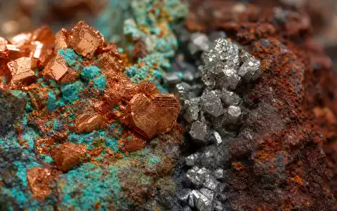 Anglo American plc GB00B1XZS820 zeigt eine Makroaufnahme glänzender Kupfer-, Platin- und Eisenerzkristalle im Detail - Foto: THN