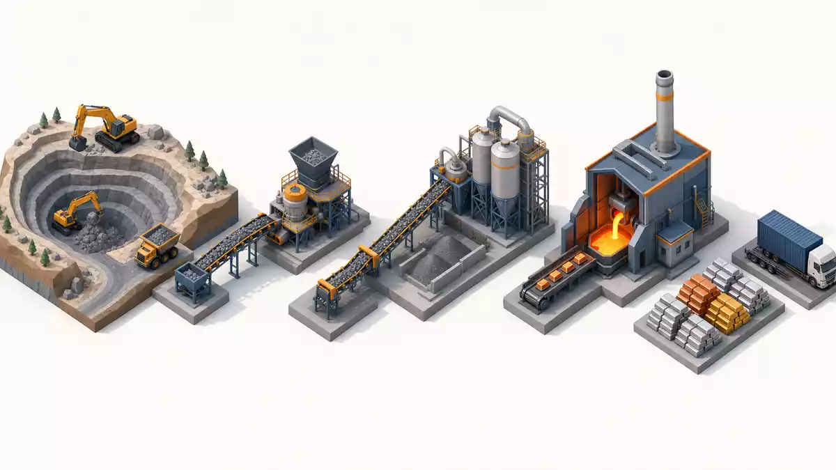 Isometrische 3D-Grafik der Bergbau-Wertschöpfungskette von Tagebau bis fertigem Metallbarren