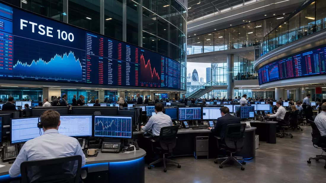 Handelssaal in London mit großen Bildschirmen, Kurscharts und der Anzeige FTSE 100