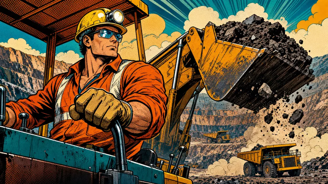 Pop-Art-Comic-Illustration eines Bergarbeiters an einem Bagger im farbenfrohen Tagebau
