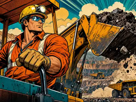 Anglo American plc GB00B1XZS820 zeigt einen heldenhaften Bergmann im Pop-Art-Comic-Stil an schwerer Tagebau-Maschine - Foto: THN