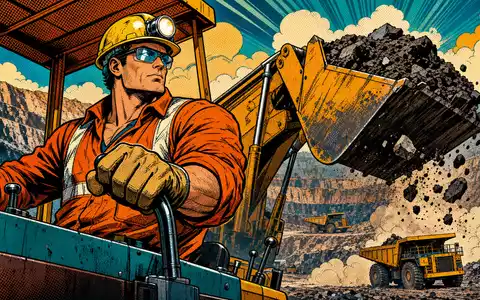Anglo American plc GB00B1XZS820 zeigt einen heldenhaften Bergmann im Pop-Art-Comic-Stil an schwerer Tagebau-Maschine - Foto: THN