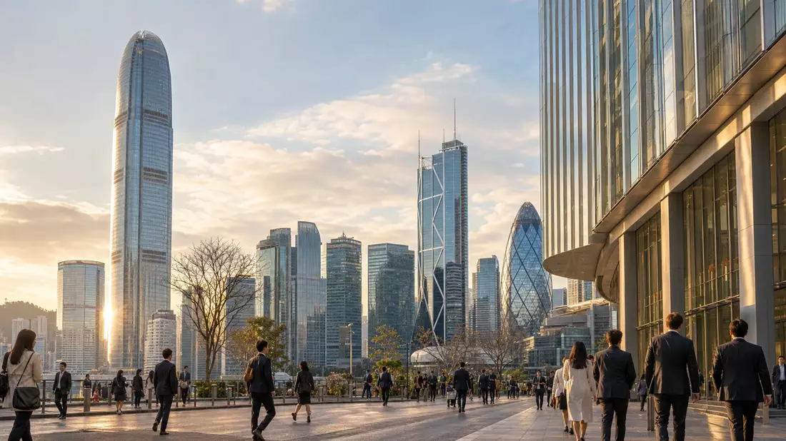 Hongkonger Skyline mit Berufstätigen, Sinnbild für Prudential plc GB0007099541