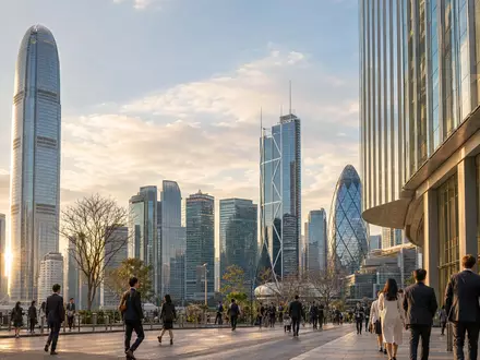 Prudential plc mit ISIN GB0007099541 zeigt Hongkonger Finanzviertel, Symbol für Asien-Fokus des Versicherungskonzerns bei Sonnenuntergang - Foto: THN