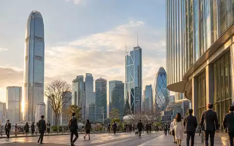 Prudential plc mit ISIN GB0007099541 zeigt Hongkonger Finanzviertel, Symbol für Asien-Fokus des Versicherungskonzerns bei Sonnenuntergang - Foto: THN