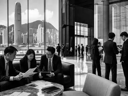Prudential plc, ISIN GB0007099541, dokumentiert Schwarzweiß-Reportage aus Bürolobby mit Blick auf Hongkonger Skyline - Foto: THN