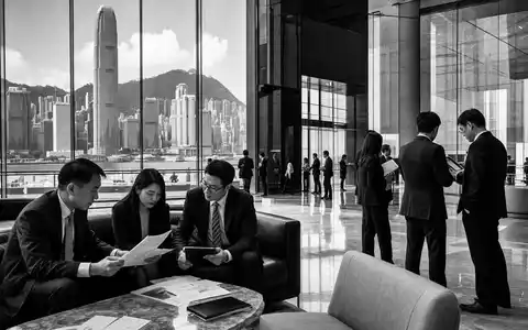 Prudential plc, ISIN GB0007099541, dokumentiert Schwarzweiß-Reportage aus Bürolobby mit Blick auf Hongkonger Skyline - Foto: THN