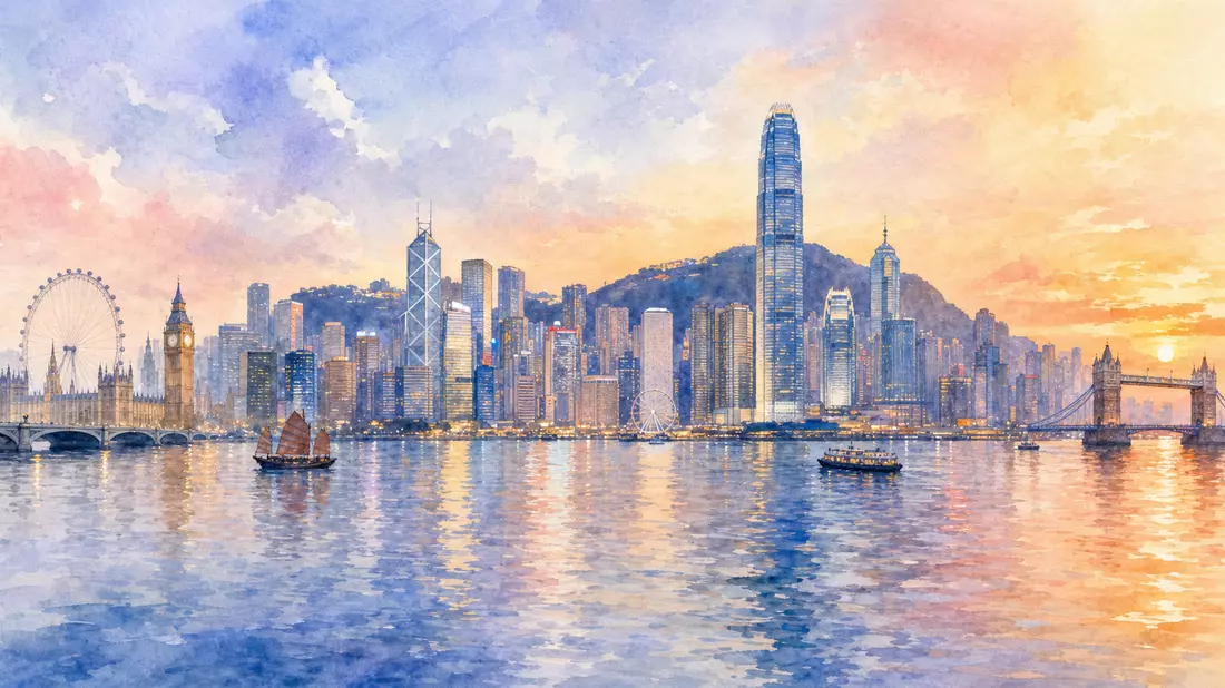 Aquarellmalerei von Hongkong und London, künstlerischer Bezug zu Prudential plc GB0007099541