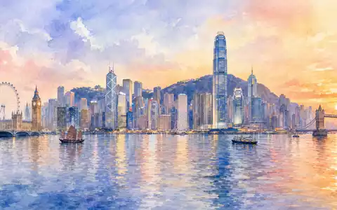 Prudential plc (GB0007099541) inspiriert Aquarellbild der Skylines von Hongkong und London bei sanftem Abendlicht - Foto: THN