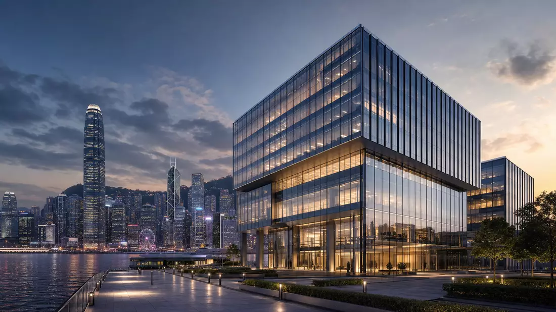 Architektur-Rendering eines Glasturms am Hafen, sinnbildlich für Prudential plc