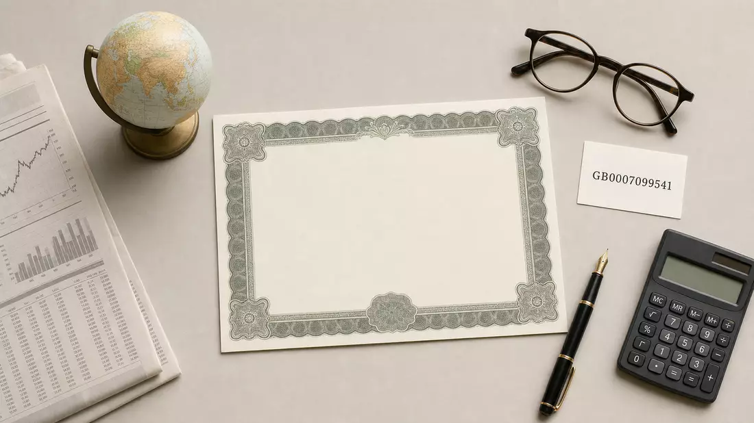 Flatlay mit Aktienzertifikat und ISIN-Karte GB0007099541, Bezug Prudential plc