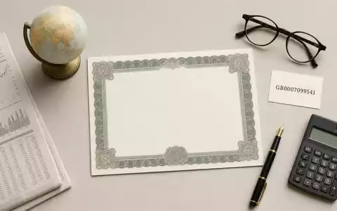 Prudential plc mit ISIN GB0007099541 dargestellt als Flatlay mit Zertifikat, Karte, Globus und Finanzutensilien - Foto: THN