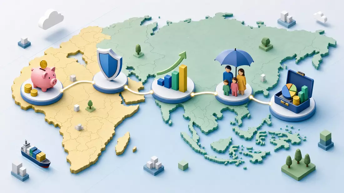 Isometrische 3D-Grafik Sparen, Schutz, Wachstum, Bezug zu Prudential plc GB0007099541