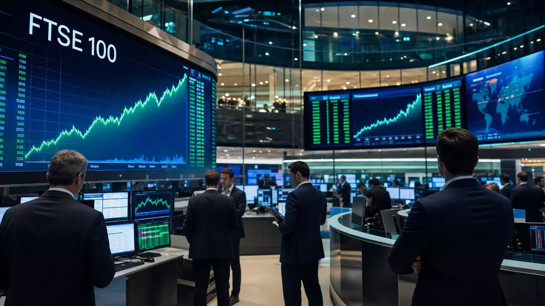 Handelsraum mit FTSE 100 Chart, Börsenbezug zu Prudential plc GB0007099541