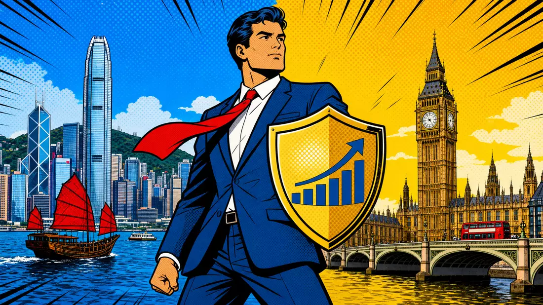 Pop-Art-Comic Held mit Schild vor Hongkong London Skyline, Motiv Prudential plc GB0007099541
