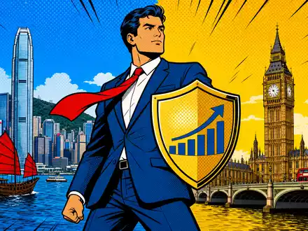 Prudential plc, ISIN GB0007099541, gestaltet als Pop-Art-Comic mit Schutzschild zwischen Hongkong und London Skyline - Foto: THN