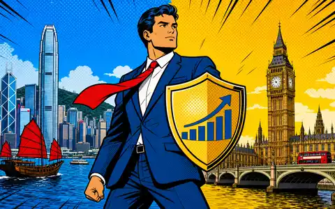 Prudential plc, ISIN GB0007099541, gestaltet als Pop-Art-Comic mit Schutzschild zwischen Hongkong und London Skyline - Foto: THN