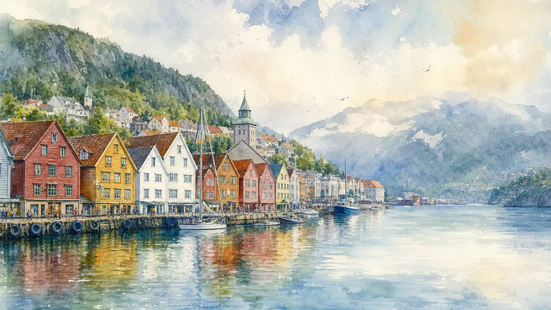 Aquarell der bunten Holzhäuser am Hafen von Bergen mit Fjord und Bergen im Hintergrund