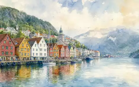 Aquarellmalerei der Küstenstadt Bergen illustriert Heimatregion von Mowi ASA, Aktie mit ISIN NO0003054108, in Norwegen - Foto: THN