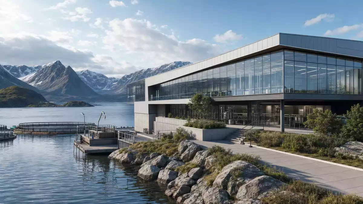 3D-Rendering einer modernen Glas- und Stahlanlage am Fjord mit Bergen im Hintergrund