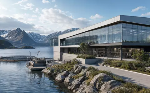 Architektur-Render einer modernen Meeresfrüchte-Anlage repräsentiert Mowi ASA, Aktie ISIN NO0003054108, an norwegischer Fjordküste - Foto: THN