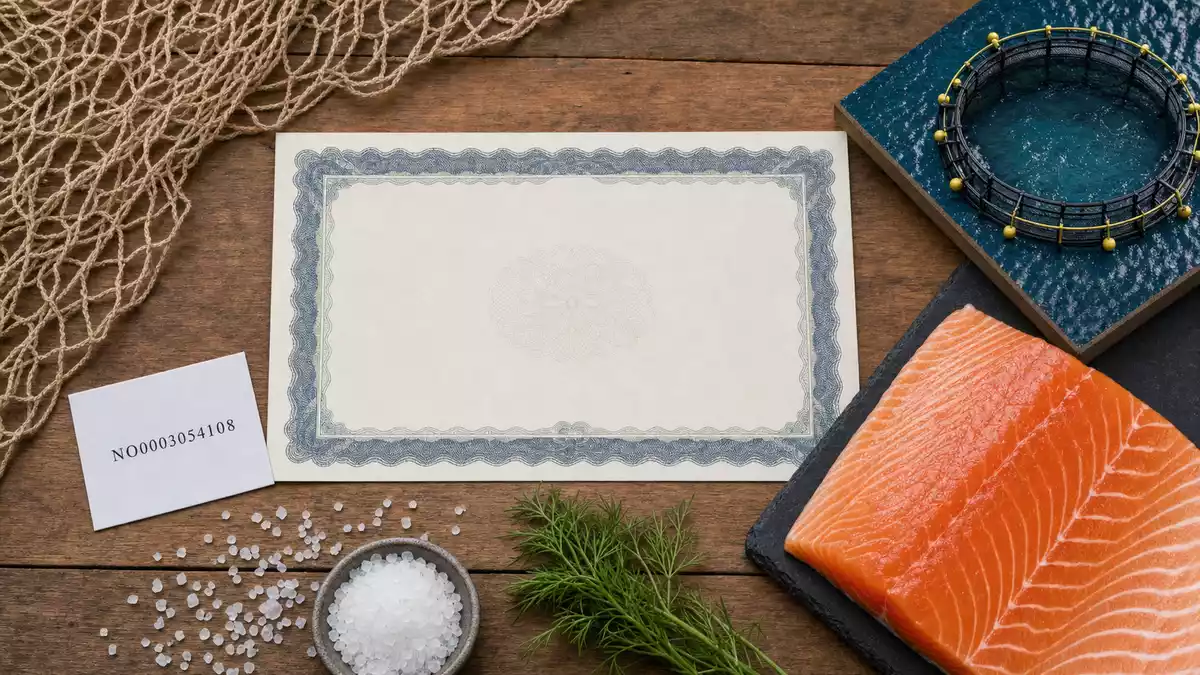 Flatlay mit Aktienzertifikat, Karte mit ISIN-Nummer, Lachsfilet und Fischernetz auf Holztisch