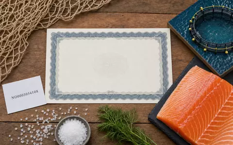Flatlay-Arrangement mit ISIN-Karte NO0003054108, Aktienzertifikat und Lachsfilet visualisiert Mowi ASA als Investmentobjekt - Foto: THN