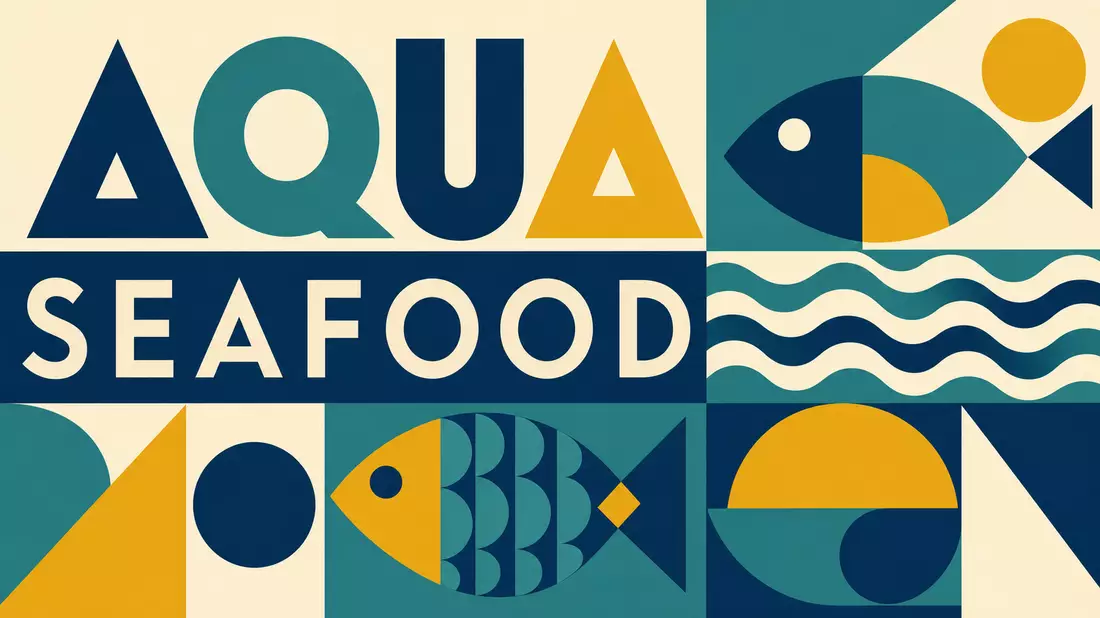 Geometrisches Bauhaus-Poster mit Fischformen und den Wörtern AQUA und SEAFOOD