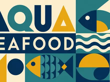 Bauhaus-Poster mit Sektor-Begriffen AQUA und SEAFOOD steht symbolisch für Mowi ASA, Aktie ISIN NO0003054108 - Foto: THN