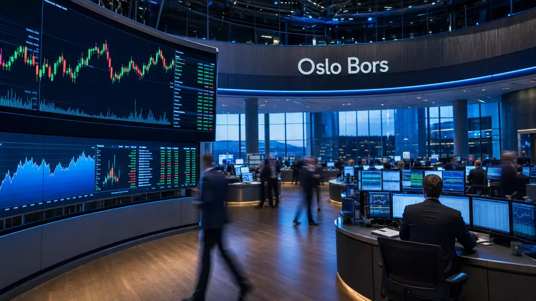 Trading-Floor mit Kurschart-Bildschirmen und Händlern in modernem Börsengebäude Oslo Børs