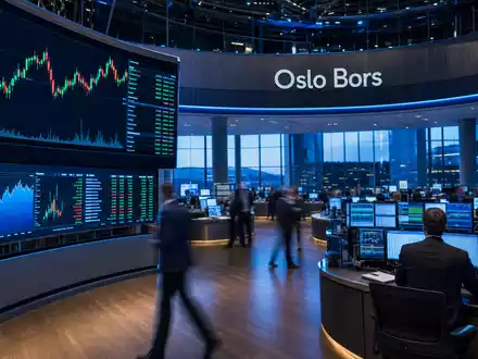 Börsen-Editorial vom Handelsraum der Oslo Børs symbolisiert Notierung von Mowi ASA, Aktie ISIN NO0003054108 - Foto: THN