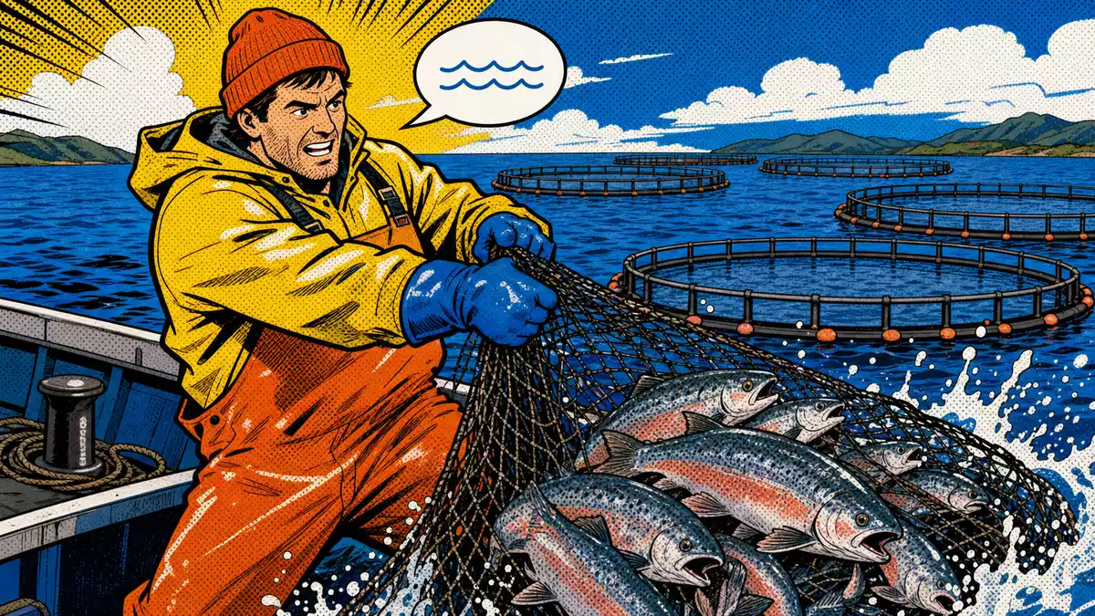 Bunte Comic-Illustration eines Fischers, der ein Netz mit Lachsen aus dem Meer zieht