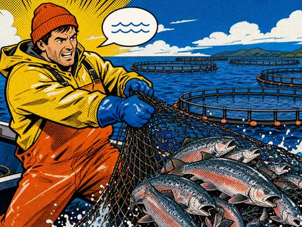 Pop-Art-Comic mit Fischer und Lachsfang illustriert bunt die Branche von Mowi ASA, Aktie ISIN NO0003054108 - Foto: THN
