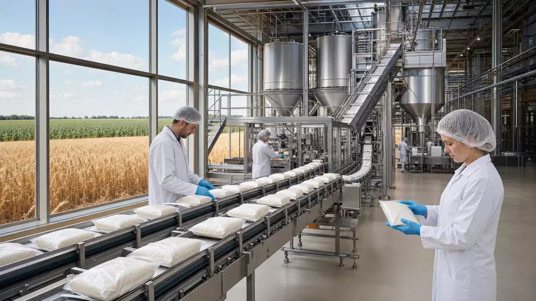 Lebensmittelfabrik mit Getreidefeldern, Symbolbild Associated British Foods plc GB0006731235