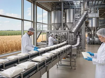 Associated British Foods plc GB0006731235 zeigt fotorealistisch eine moderne Lebensmittelfabrik mit Verpackungslinie und Getreidefeldern - Foto: THN