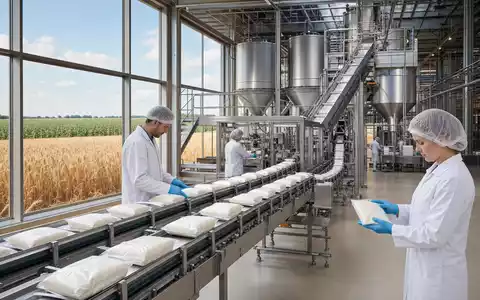 Associated British Foods plc GB0006731235 zeigt fotorealistisch eine moderne Lebensmittelfabrik mit Verpackungslinie und Getreidefeldern - Foto: THN