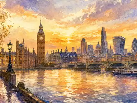 Associated British Foods plc GB0006731235 zeigt ein Aquarellbild der Londoner Skyline an der Themse - Foto: THN