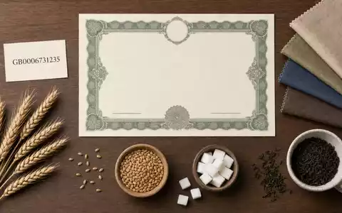 Associated British Foods plc GB0006731235 erscheint als Flatlay mit ISIN-Karte, Aktienzertifikat, Stoffmustern und Lebensmittelzutaten - Foto: THN