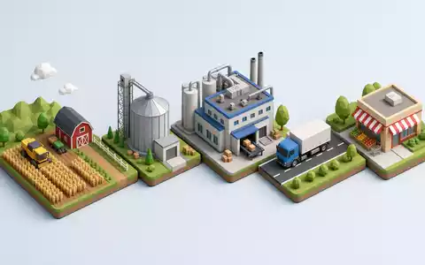 Associated British Foods plc GB0006731235 wird durch ein isometrisches 3D-Diagramm der Lebensmittel-Wertschöpfungskette illustriert - Foto: THN