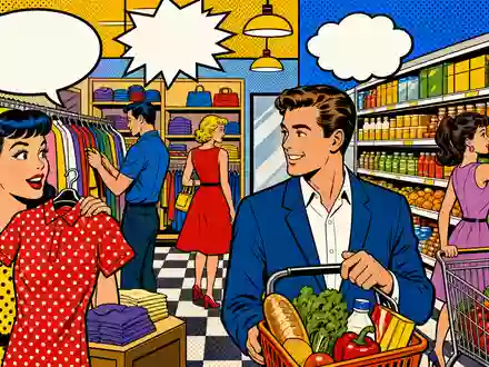 Associated British Foods plc GB0006731235 wird als farbenfrohe Pop-Art-Comicszene mit Kleidung und Lebensmittelregalen gezeigt - Foto: THN